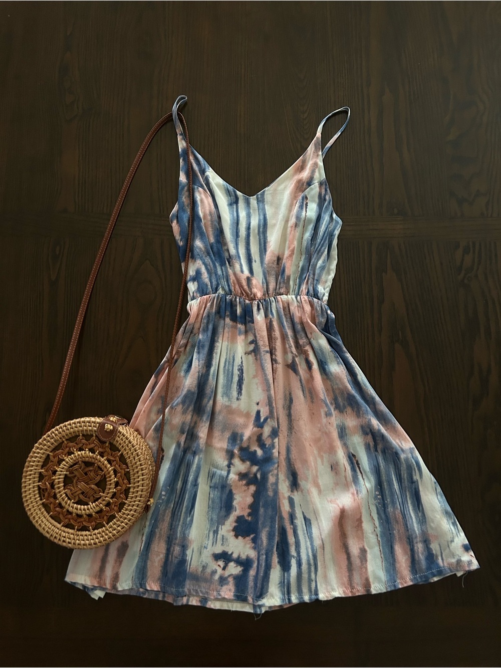 Tie-Dye Blue and Pink Spaghetti Strap Summer Dress